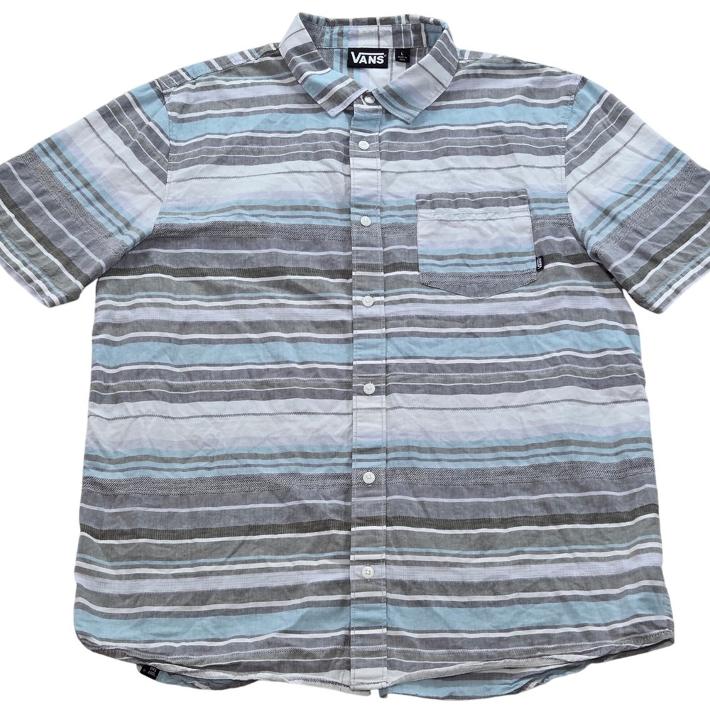 Vans Button Down Shirt Short Sleeve Striped Casual Top, Gray‎ Blue Mens Large